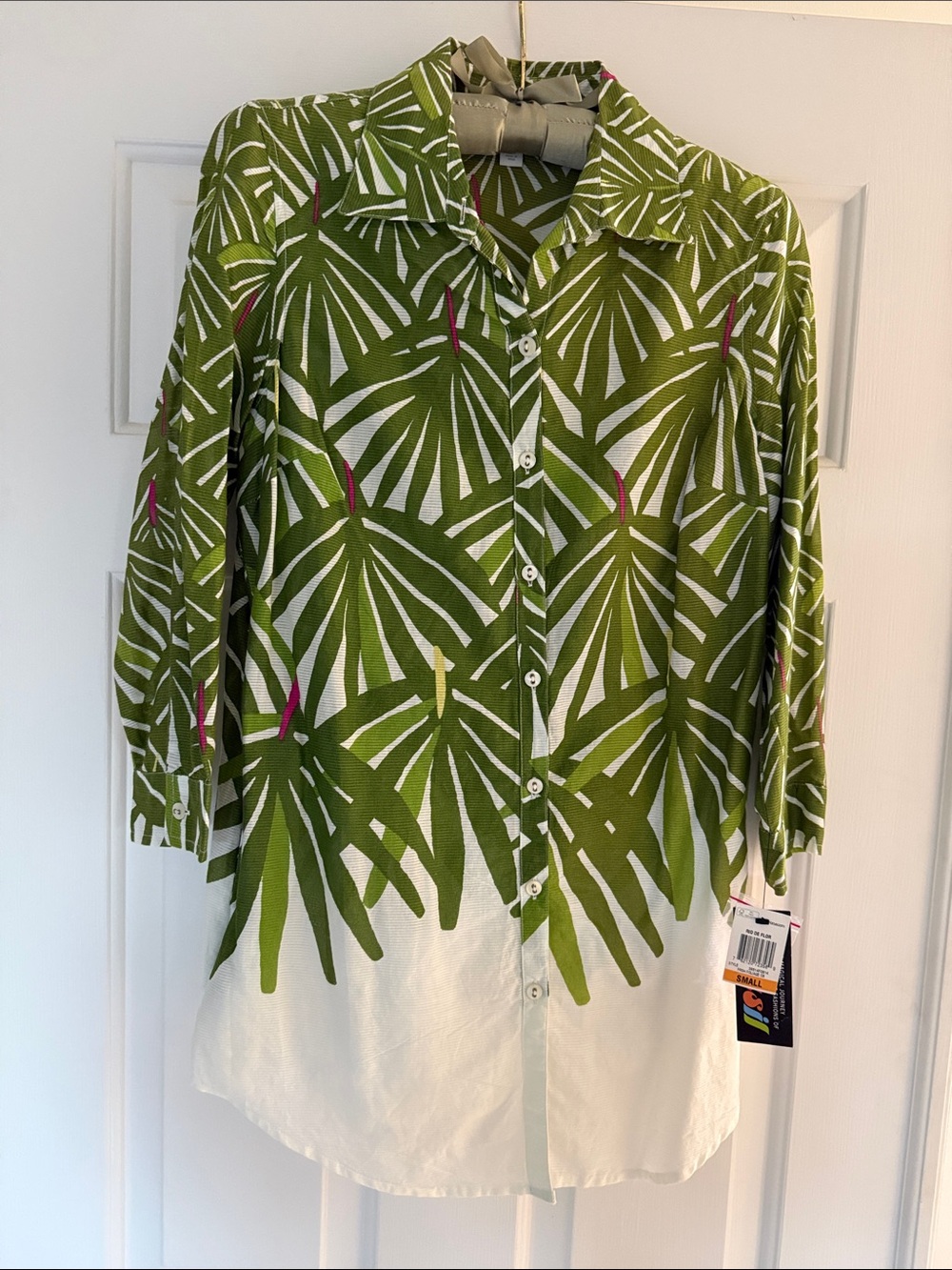Charter Club Rio de Flor Green Palm-Print Button Front Tunic Top - Size Small
